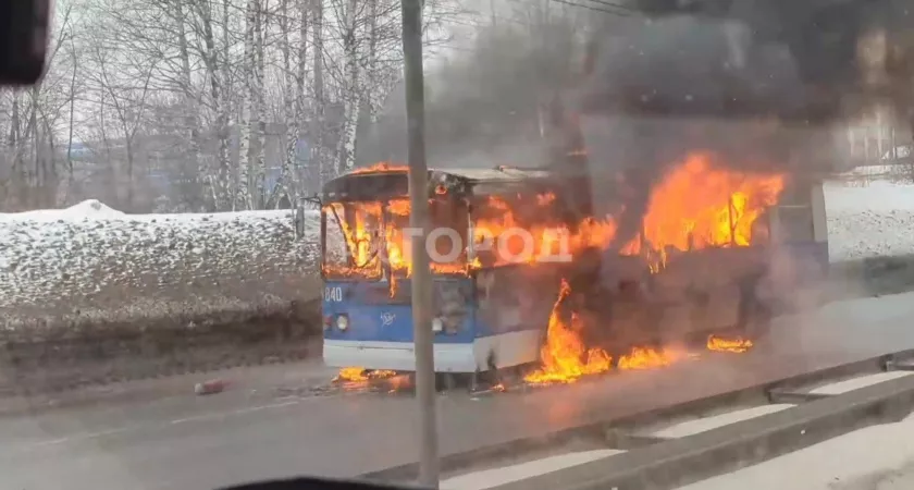 Фото к статье: В Чебоксарах на дороге полыхает троллейбус 