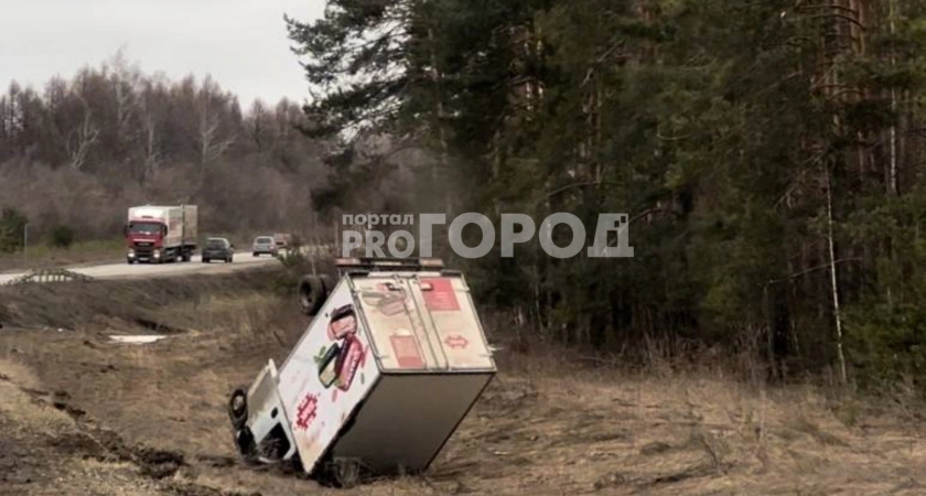 Фото к статье: В одном из районов Чувашии продуктовая "Газель" вылетела с дороги и перевернулась