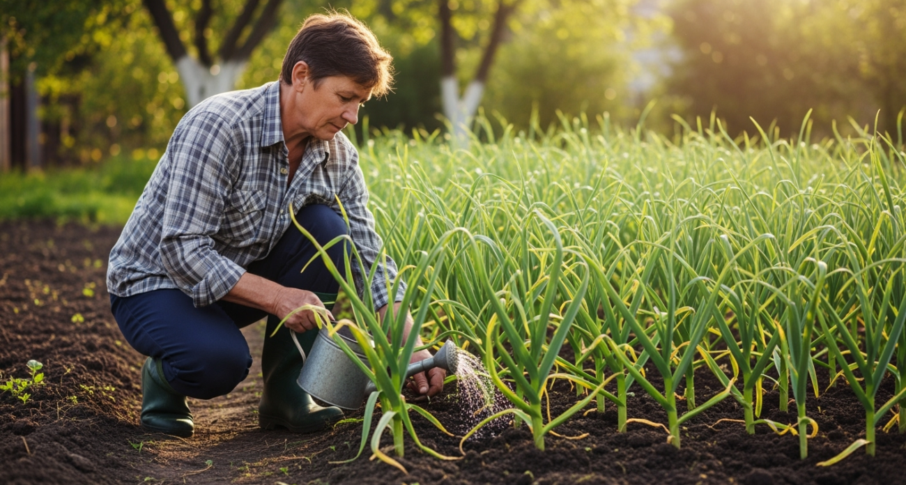 До 2 июля чесноку — непременно: 40 мл в воду — и головки вырастут размером с дыню, крупными, плотными и сочными