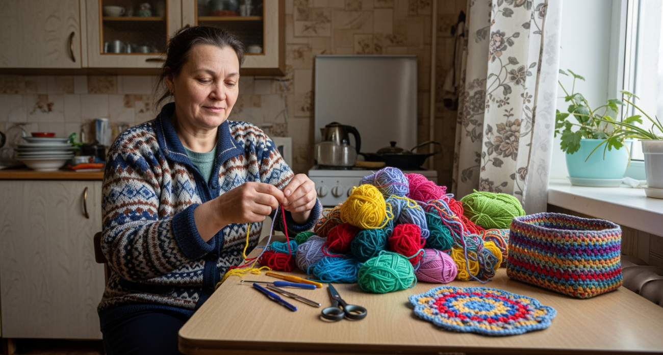 Соседка показала, как превратить клубки остатков пряжи в полезные домашние мелочи за один вечер