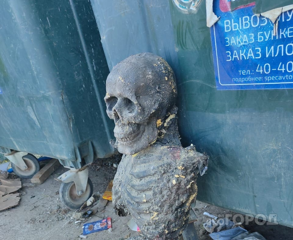 На Заовражной улице в Чебоксарах кто-то оставил скелет рядом с мусоркой