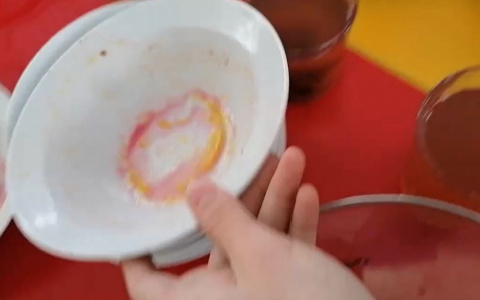 Школьники сняли грязные тарелки после вчерашнего борща, с которых их кормят