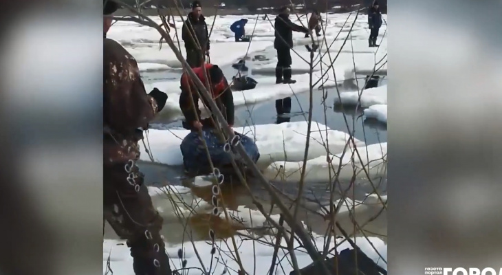 На Волге несколько рыбаков плавали на маленьких льдинах: 