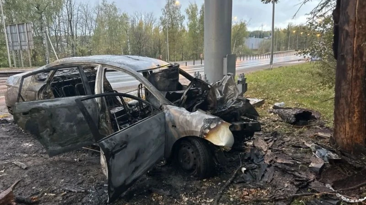 В Чебоксарском районе на трассе М-7 вспыхнул "Ниссан" после удара о дерево