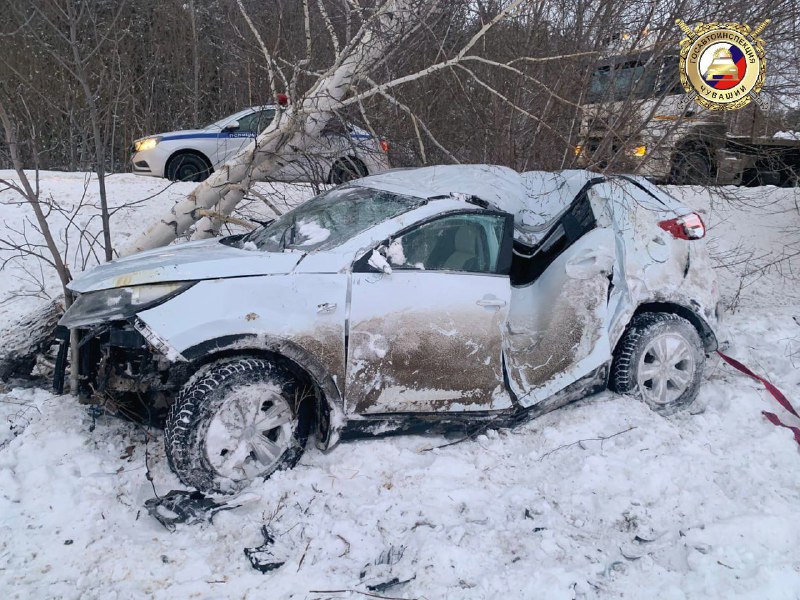 В Канашском районе 18-летний водитель Kia вылетел с дороги, наехал на дерево и перевернулся